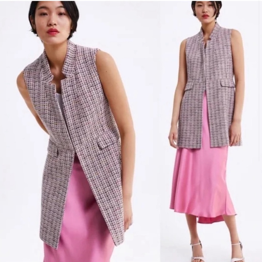 Zara Pink Tweed Long Vest, Size Large